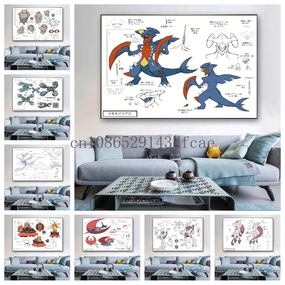 Classic Anime Pokemon Canvas Painting Mewtwo Garchomp Poster Print Watercolor Wall Art Break Down Picture Home Decor Kids Gifts