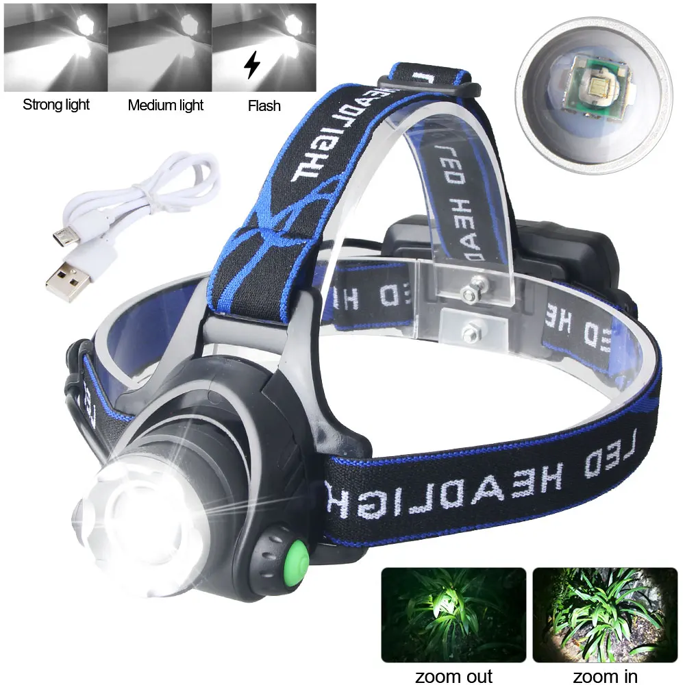 كشافات LED قوية قابلة لإعادة الشحن تلسكوبي زوومابلي المصباح في الهواء الطلق مقاوم للماء مصباح رأس العمل شعلة رأس عالية التجويف