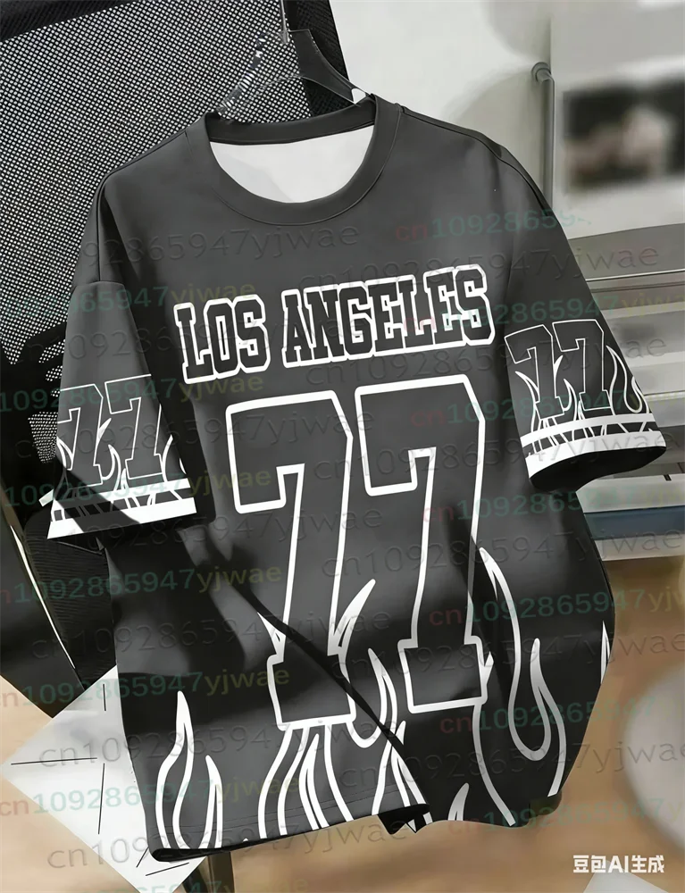 Los Angeles 77 Football Jersey Men's Summer Casual Breathable Round Neck Tee Flame Color 3D Print Streetwear Unisex Beach Tshirt view 2