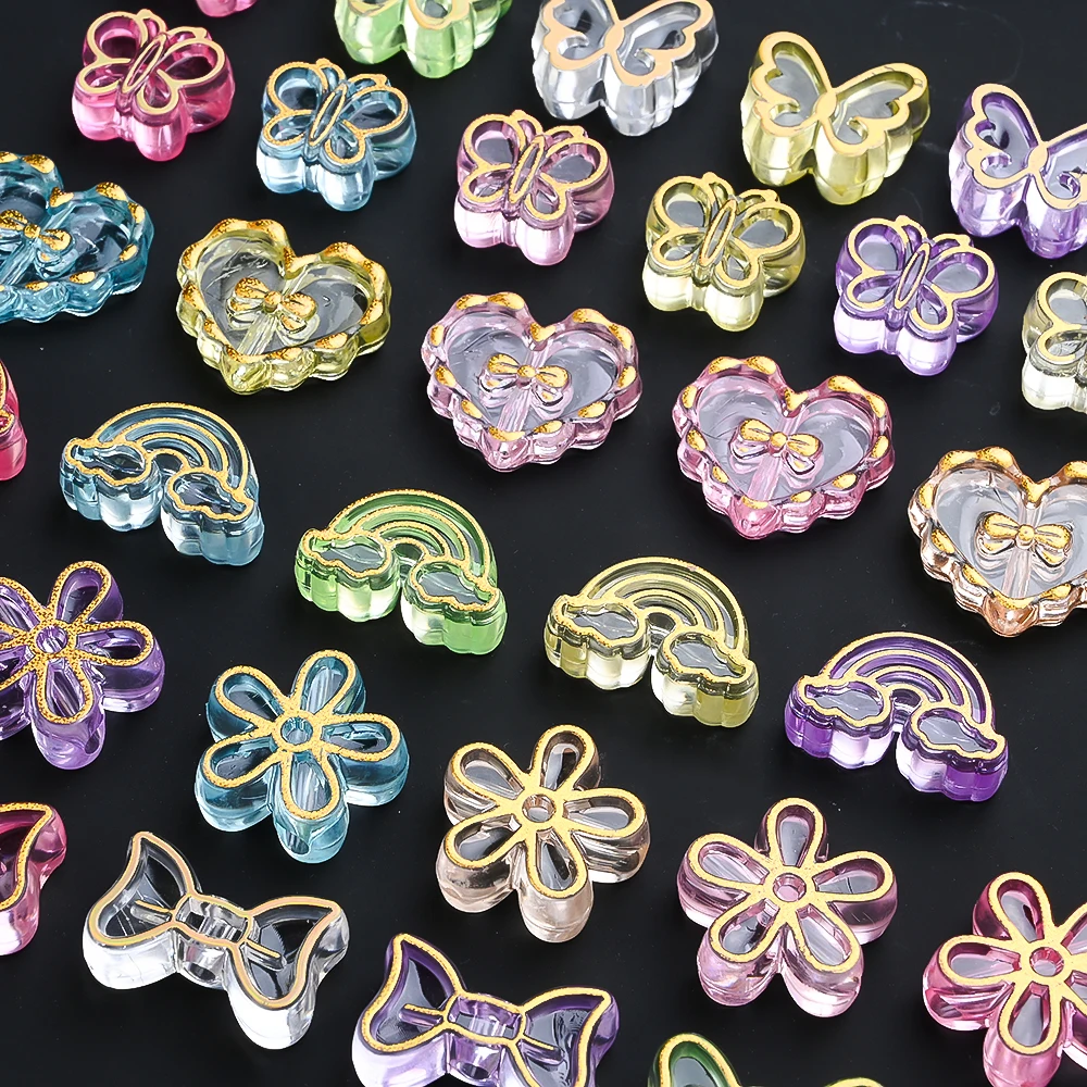 20 Stück goldfarben verzierte transparente Acrylperlen in Schmetterlings-, Herz- und Blumenform als Abstandshalterperlen für die Schmuckherstellung, DIY-Armbänder und Halsketten – Detail 11