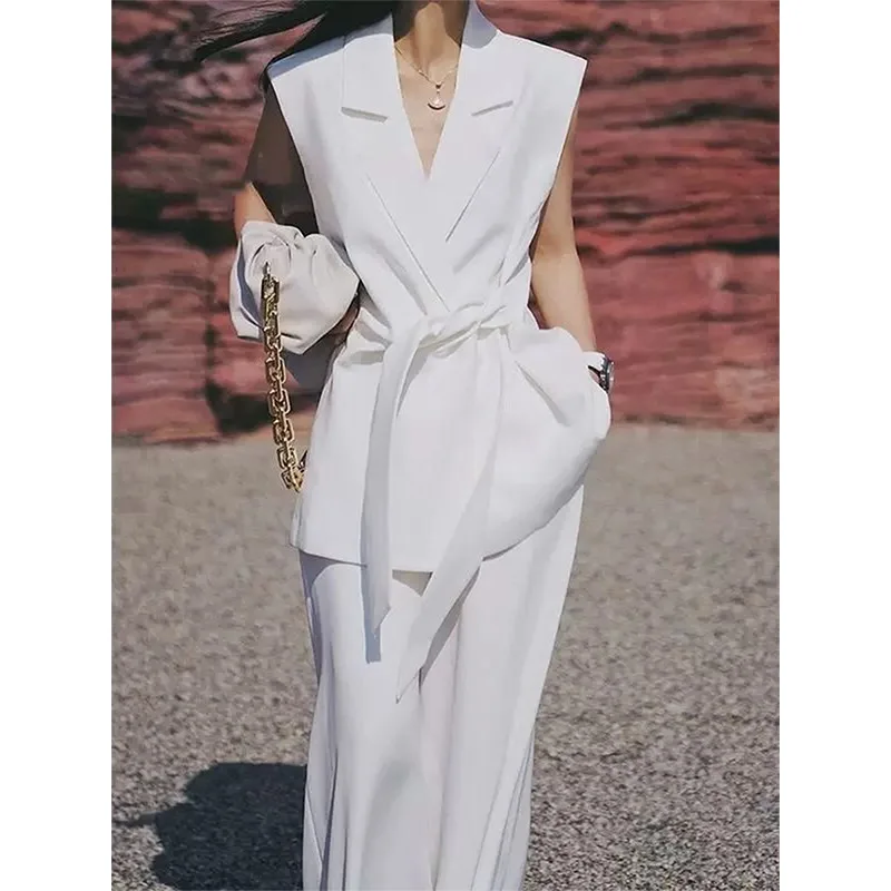 

SuperAen зубчатый женский жилет без рукавов большого размера, новые летние свободные широкие брюки полной длины, комплекты из двух предметов