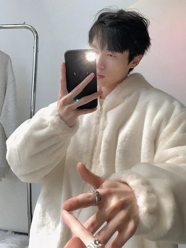 

Men's Thiened Winter Cotton Jaet Rabbit Fur Hooded Coat Warmth Casual Sle Zipper Closure Long Sve Youth Faion