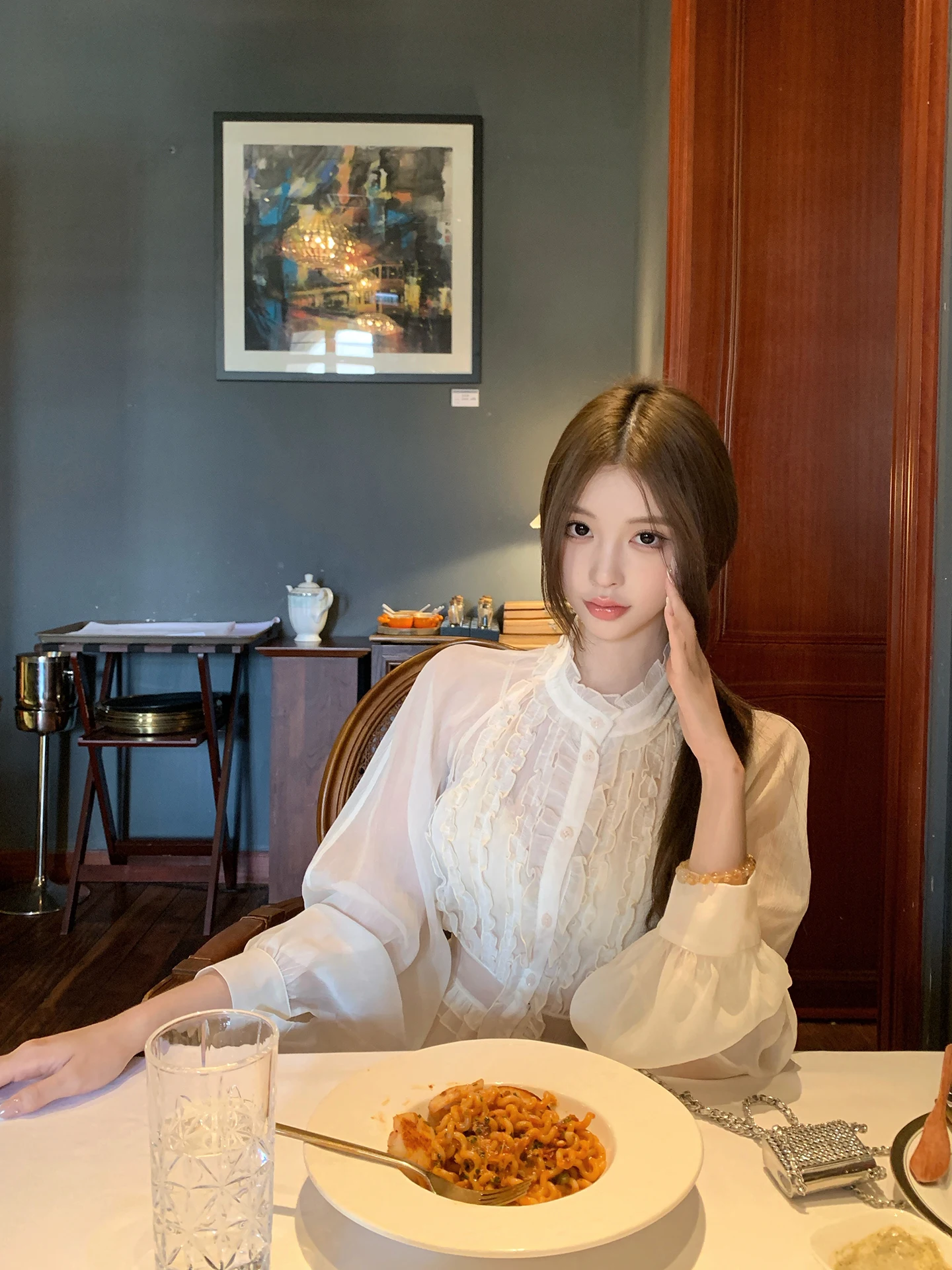 

Sister Titi Long Sve Chiffon irt Women's Autumn Court Sle Stand Collar Waist Cinched Top Skin Friendly Breathable