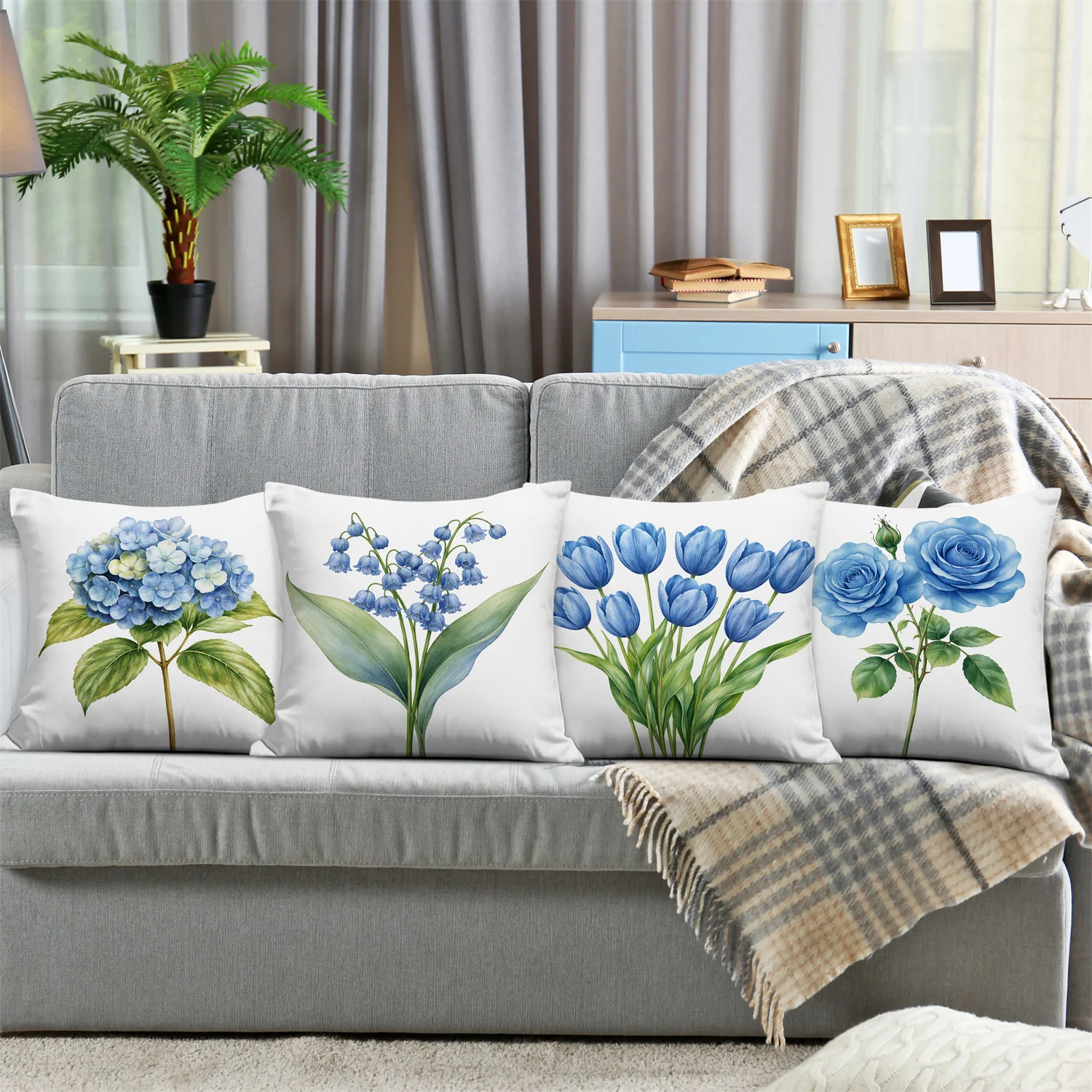 4pcs Blue Floral Pillow Covers, Hydrangea Lily of the Valley Rose Tulip Decorative Throw Pillow Cases Home Decor Cushion Covers