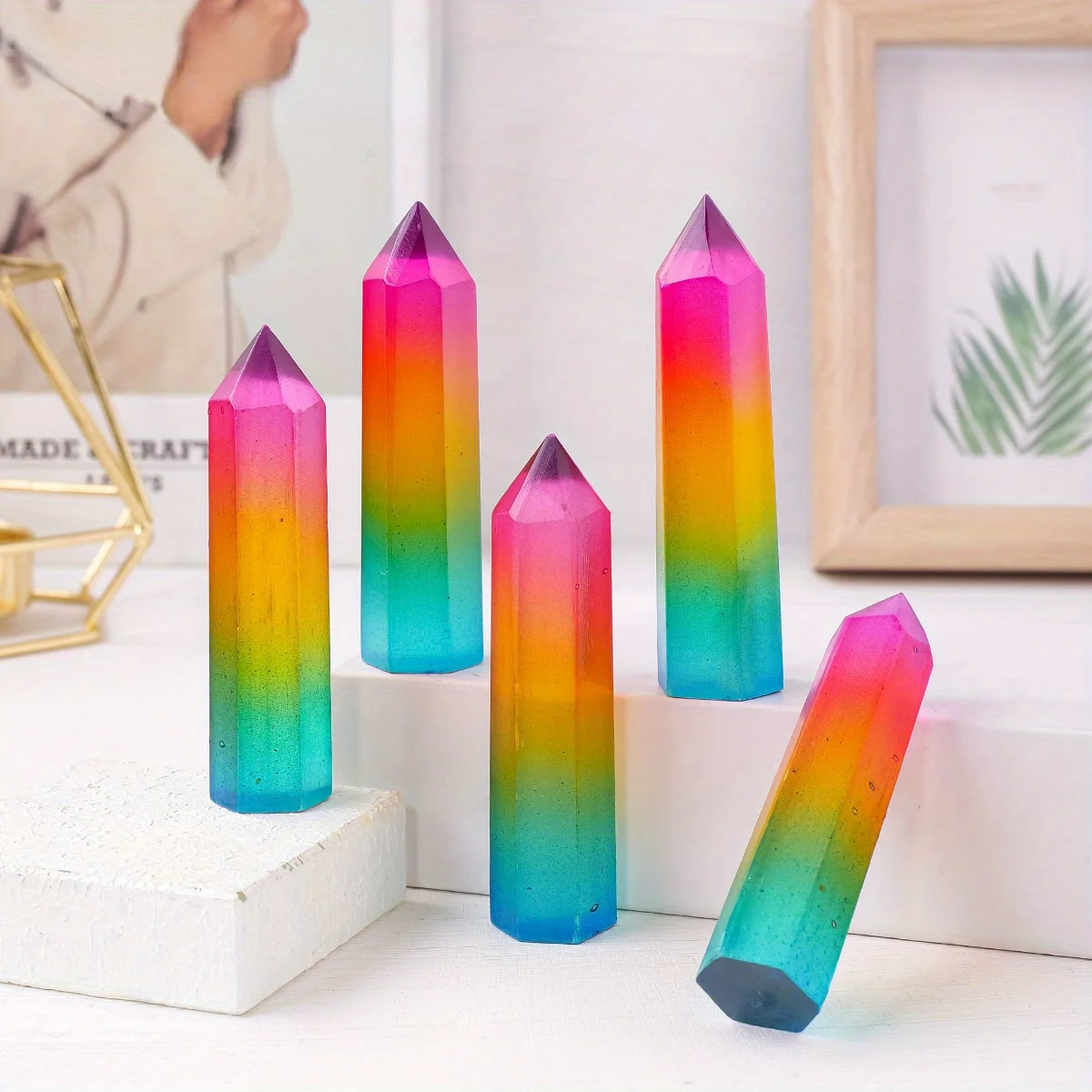 1PC Natural Gypsum Stone Electroplated Tricolor Rainbow Crystal Column Tower Mineral Specimen Crystal Cbelisk decor espiritual