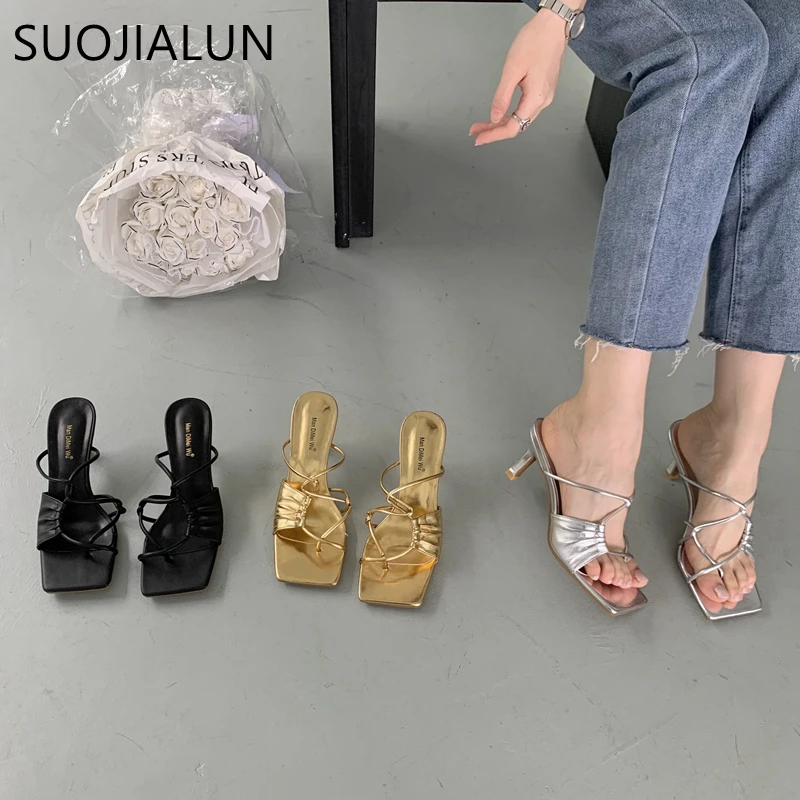 SUOJIALUN 2023 Summer Narrow Band Women Slipper Fashion Square Toe Slip On Sandal Shoes Thin High Heel Dress Sandal Shoes Slides