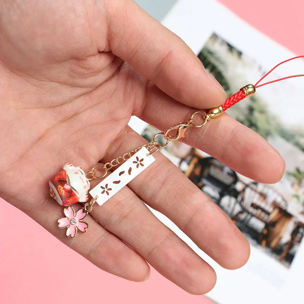 Cord Hang Rope Lucky Cat Keychain Wrist Rope Anti-lost Lanyard Phone Strap Lanyard Sakura Lucky Cat Phone Lanyard