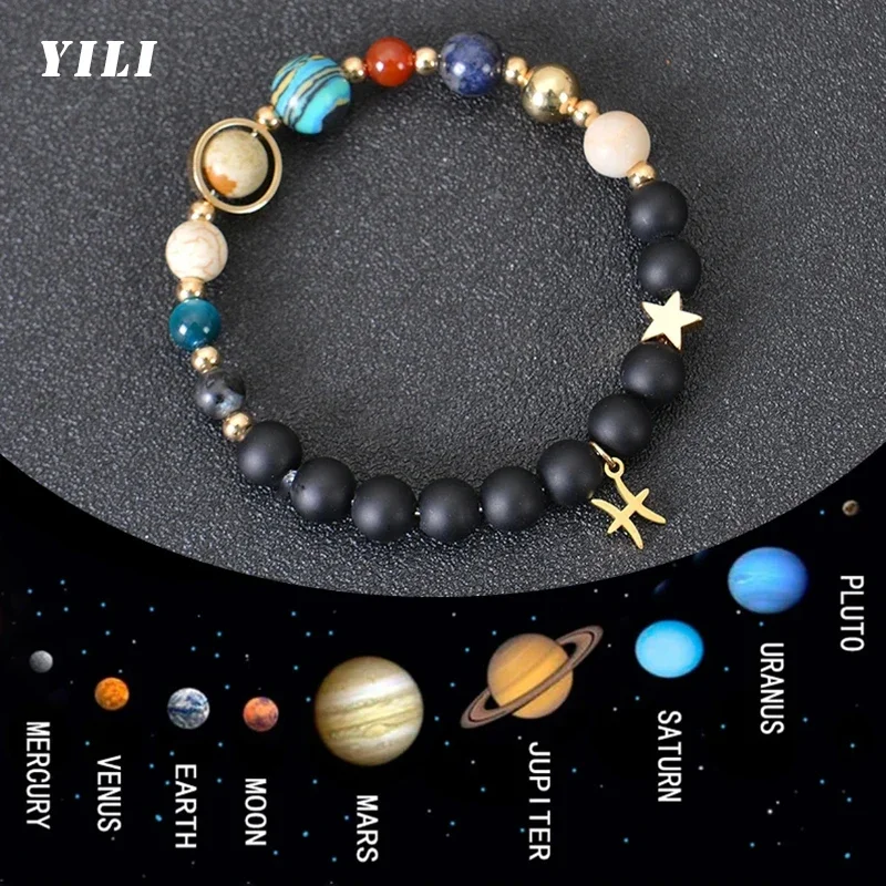 12 Constellation Bracelets for Women Universe Galaxy Eight Planets Natural Stone Solar System Zodiac Bracelets Virgo Jewelry