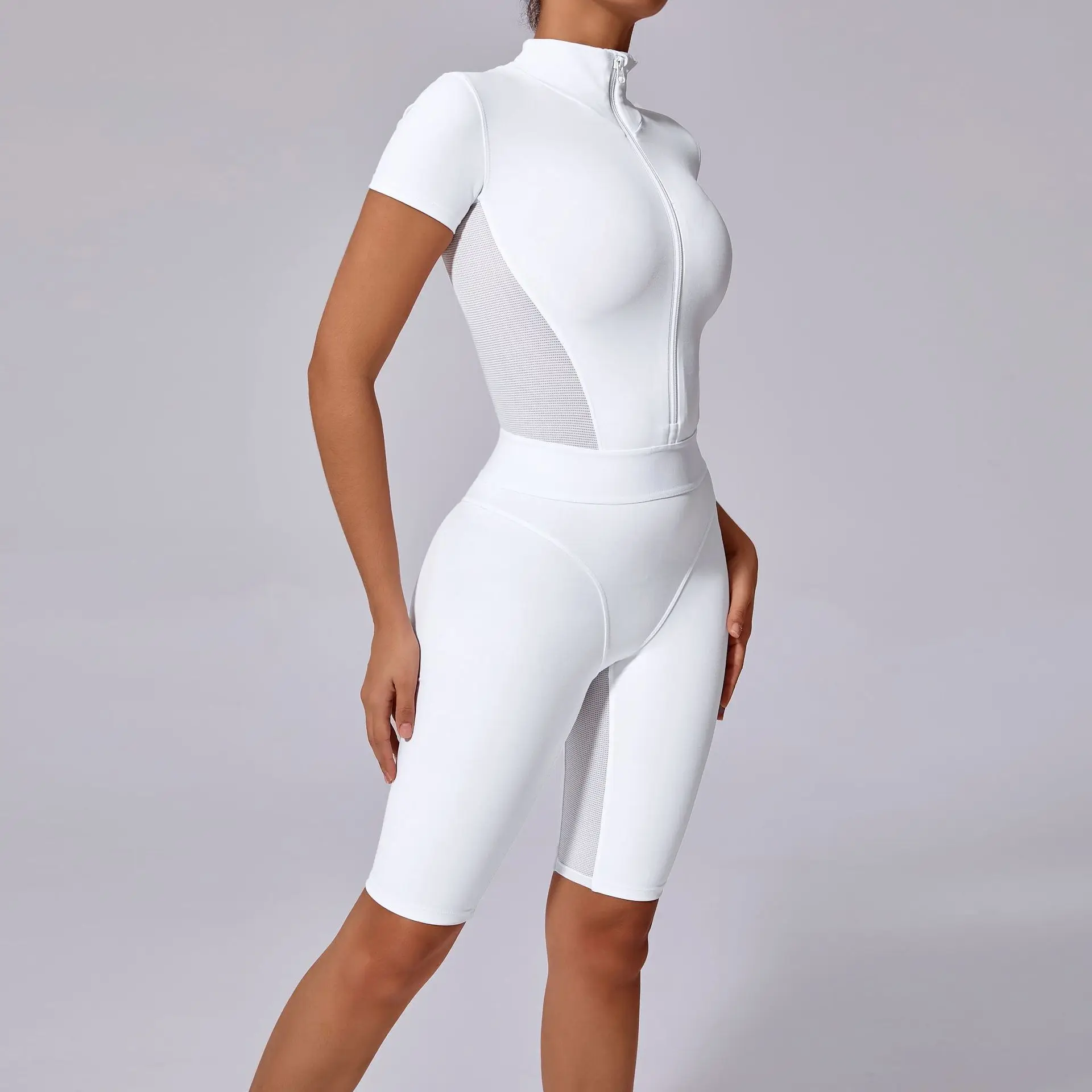 Customized LOGO Women's Waist Open Neck Zipper Short Sleeve Yoga Jumpsuit Pingwang Fitness Skinny Sports Jumpsuit Shorts