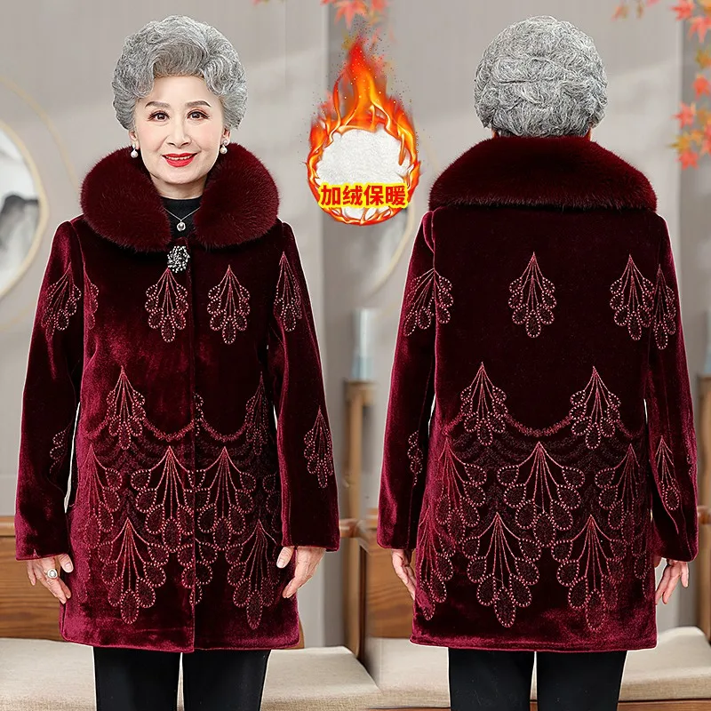 High Quality Grandma Winter Parkas Mid-Long Imitation Mink Cashmere Coat Middle Aged Women Thicken Velvet Warm Woolen Jacket