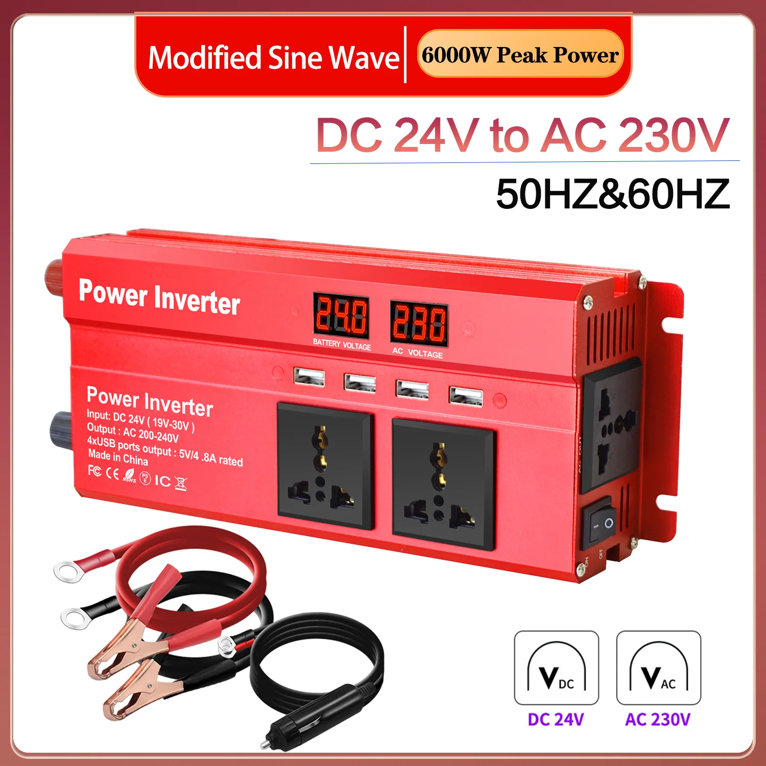 Inverter 6000W 24V 230V Modified Sine Wave Peak Power DC to AC 4 USB Ports Cooling Fan EU UN Socket Converter Car Inverter