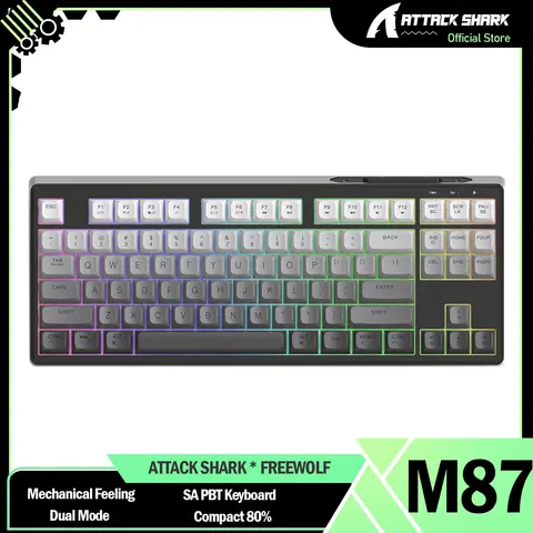 ATTACK SHARK FREEWOLF M87 80% Wireless Gaming Keyboard, TKL LED Rechargeable Mechanical Feeling SA PBT Keyboard, Dual Mode