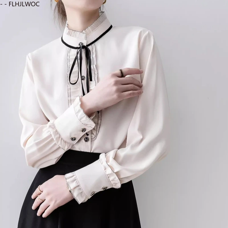 フリル付きレディースブラウス　2025年秋新作　キュートでスイートな女の子向け　プレッピースタイル　レースアップ　蝶ネクタイ　フォーマル　オフィスレディー　ベーシックシャツ