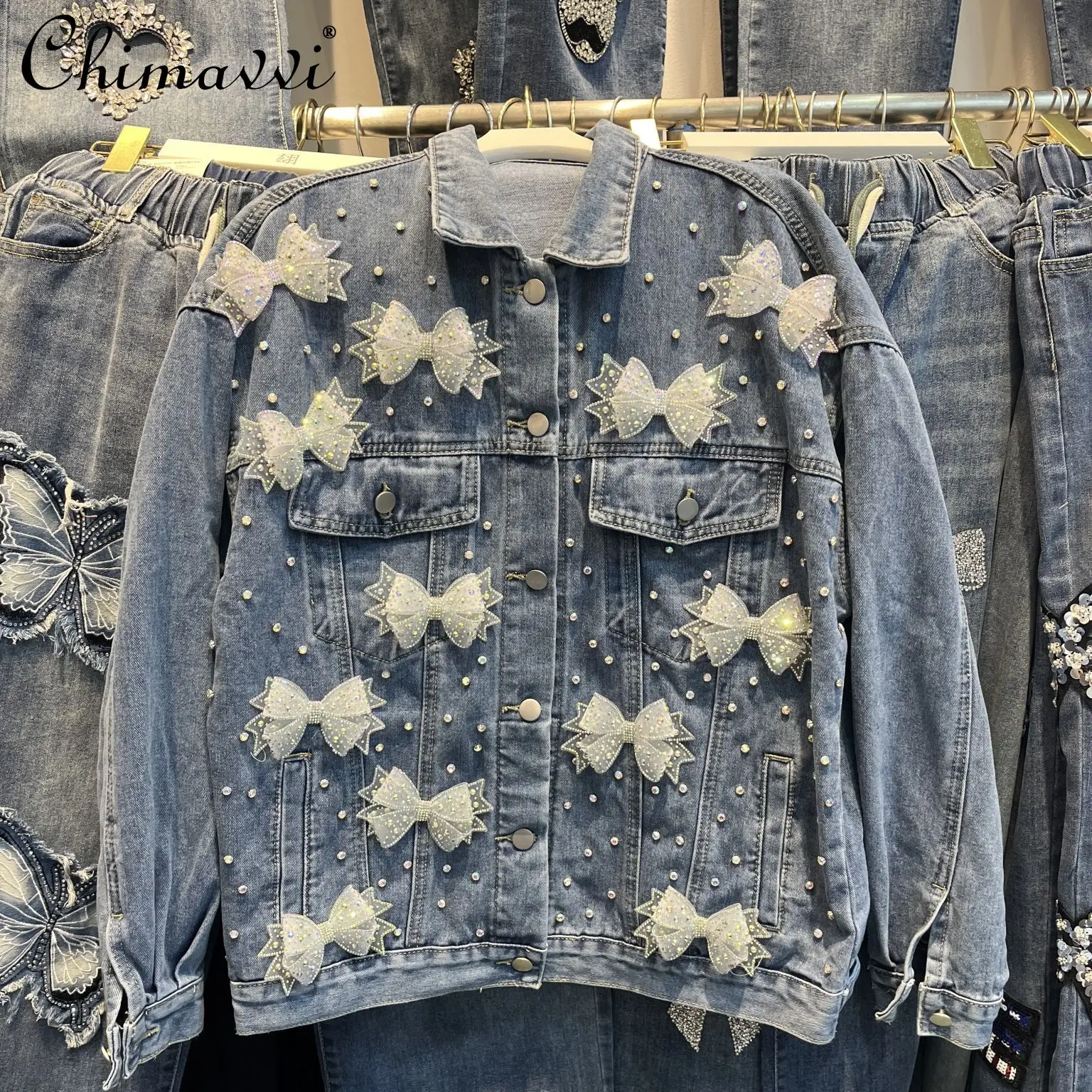 

2026 Autumn Clothes New Fashion Bow Heavy Rhinestone Denim Jacket Loose Long Sleeve Streetwear Cool Girls Women Top Coat