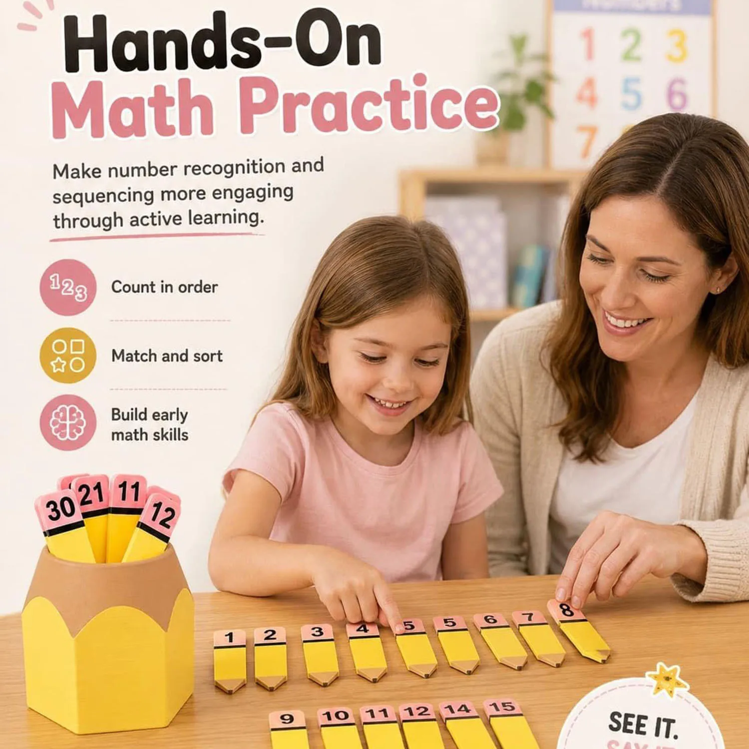 Pencil Counting Numbers 1-30 Set Classroom Math Teaching Aid PLA Kids Educational Stationery Desk Tidy Container for Learn Tools