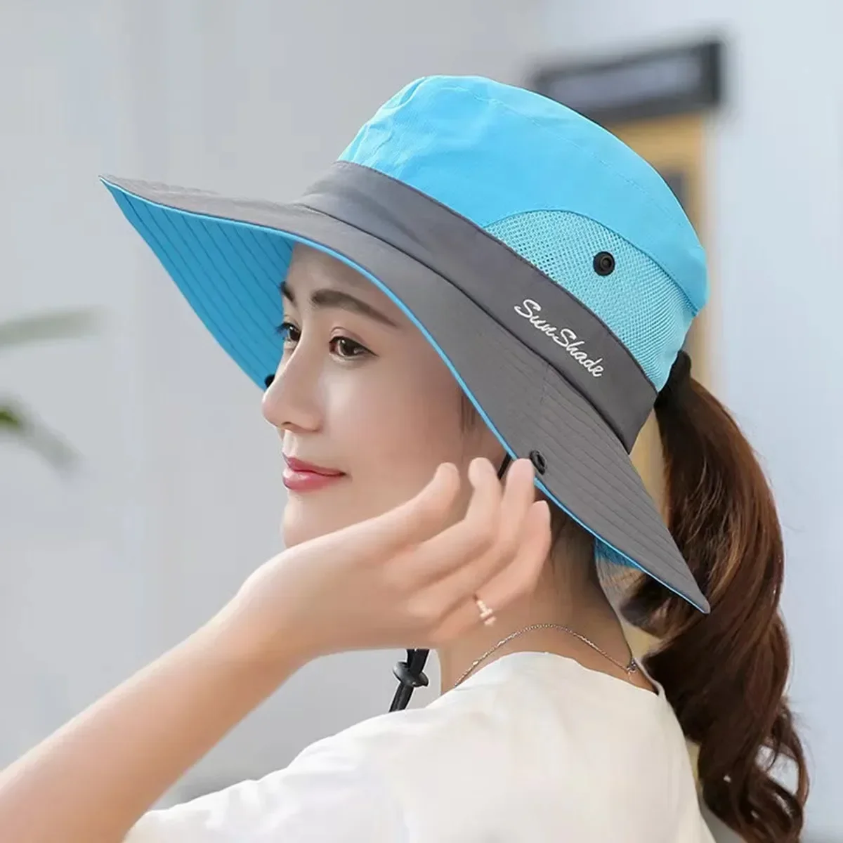 Outdoor-Angelhut mit großer Krempe und Pferdeschwanz für Damen, schnell trocknend und Sonnenschutz, perfekt für Strandreisen und Radfahren – Detail 5