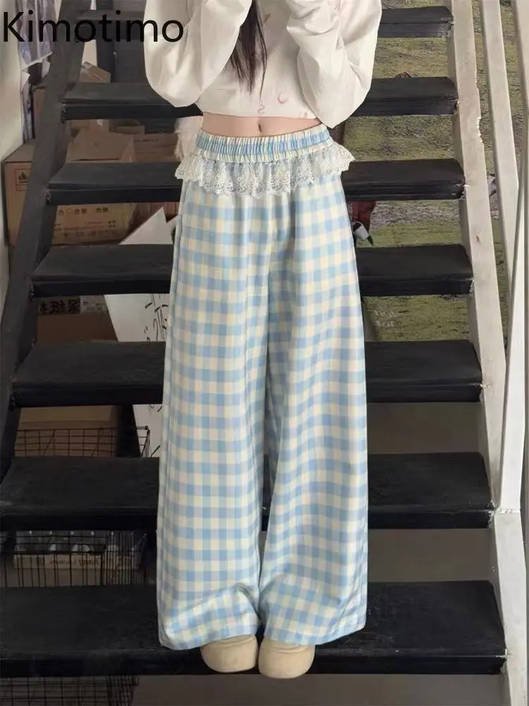 

Kimotimo Blue Plaid Long Pants Women 2025 Spring Lace Edge Spliced High Waist Wide Leg Trousers Sweet Casual Streetwear Femme