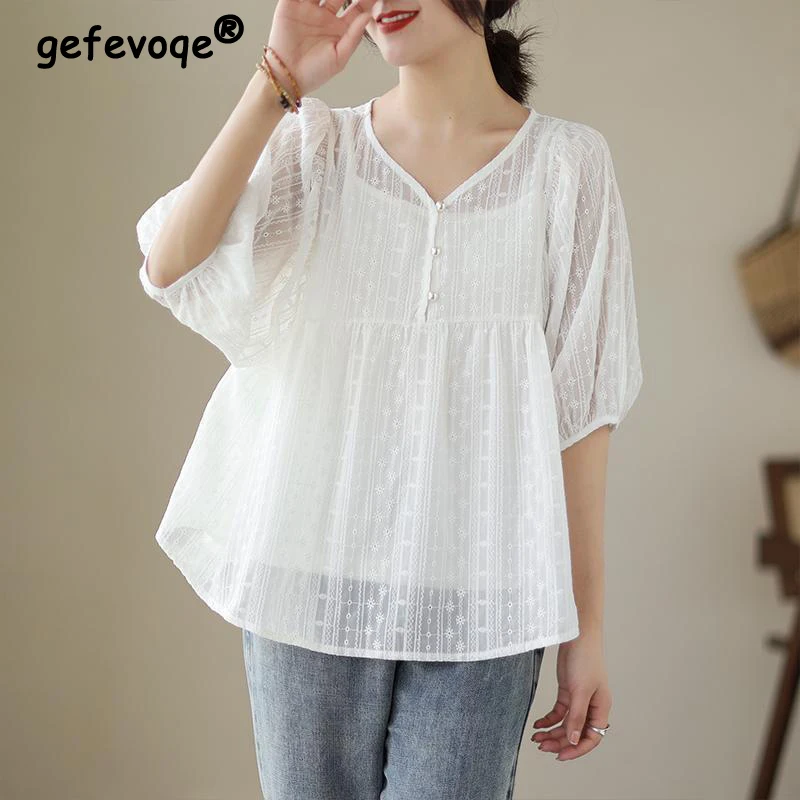 

2023 Women Sexy Sheer Lace Embroidery Chic Oversize Blouse Summer Trendy V Neck Half Sleeve Shirt Casual White Fairy Tops Blusas