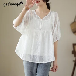 2023 Women Sexy Sheer Lace Embroidery Chic Oversize Blouse Summer Trendy V Neck Half Sleeve Shirt Casual White Fairy Tops Blusas