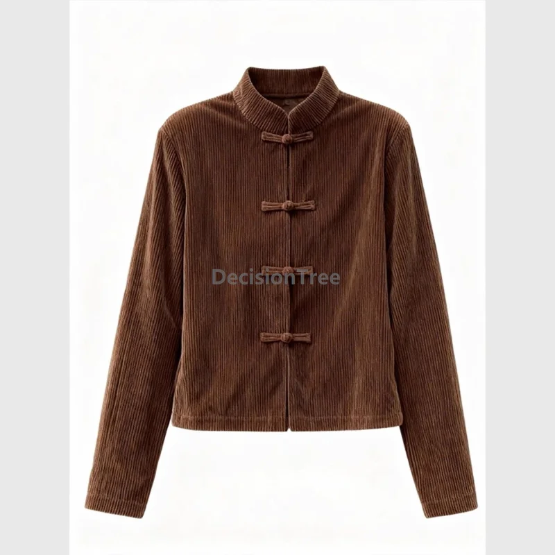 New Chinese-style women's brown stand-collar corduroy buckle top autumn women design casual shirt long sleeve tang suit top