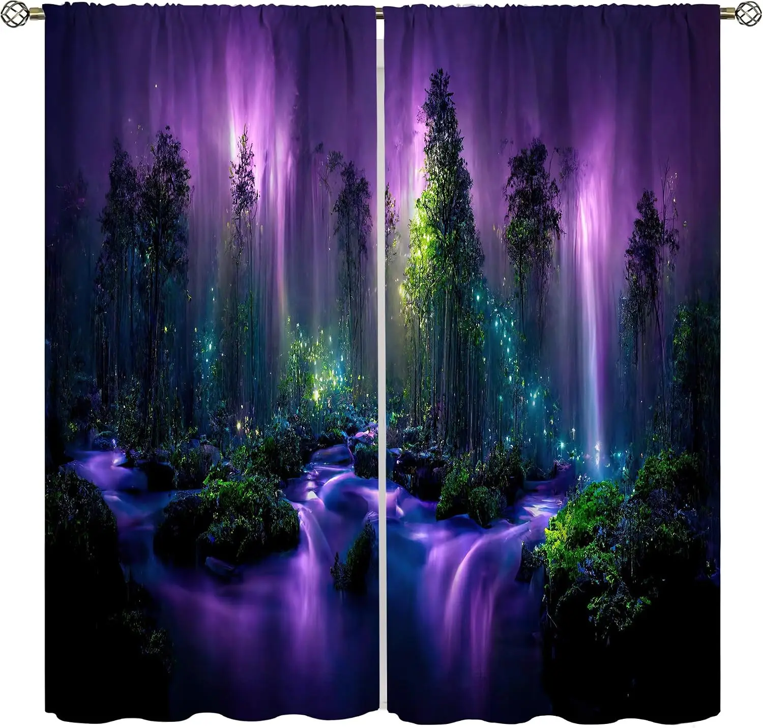 Enchanted Forest Curtain Mystical Fantasy Window Decor Purple Waterfall Glowing Bioluminescent Polyester Drapes Home Accent