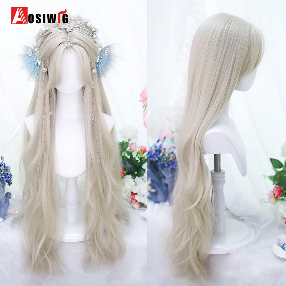 

33Inch Synthetic Big wave long curly hair Milk Tea Green Lolita Wigs For Women Cosplay Wig With Bangs Halloween Daily Cosplay Us