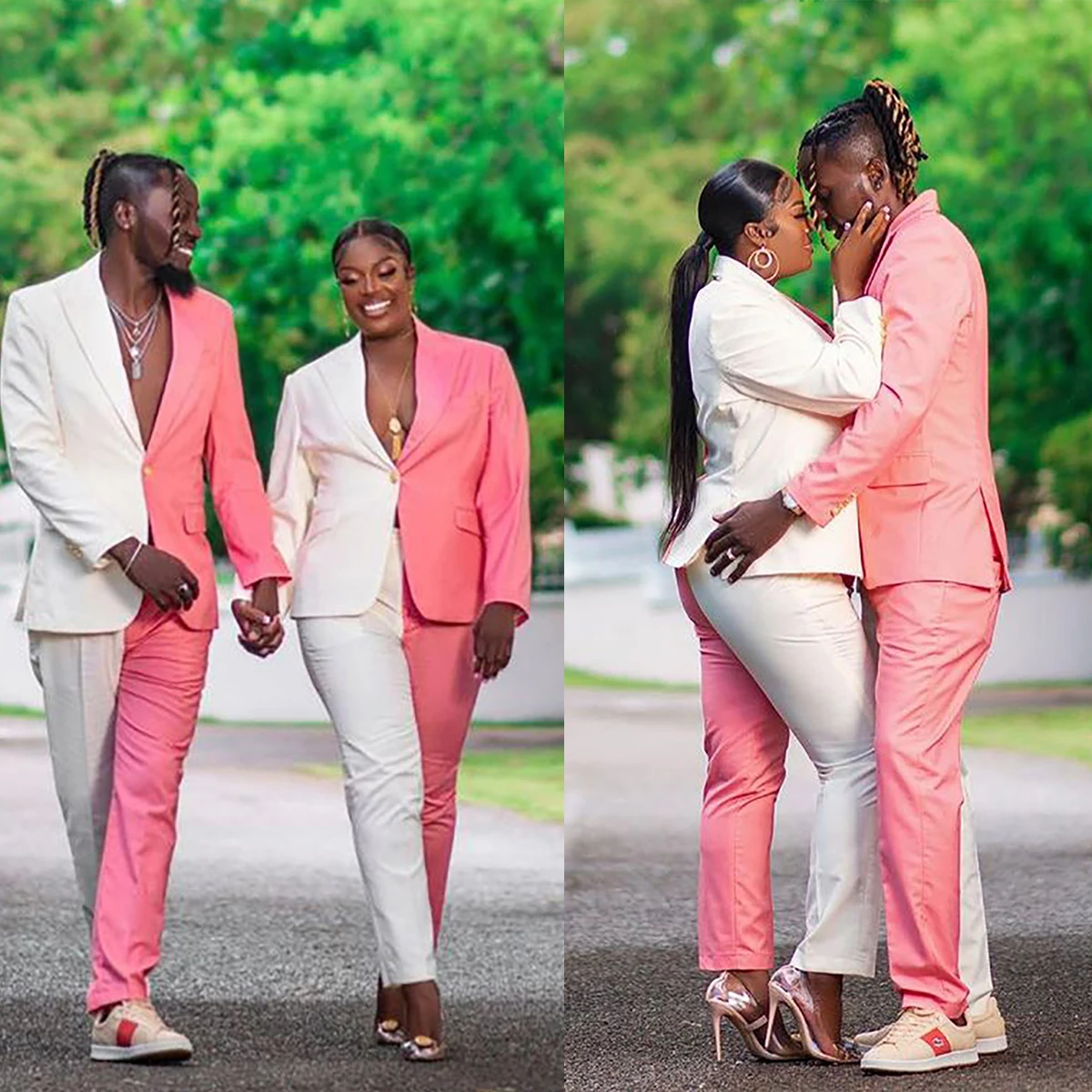 Couple Pants Set Plus Size Women Wedding Guest Party Wear One Button Pink And White Ladies Trousers Suits