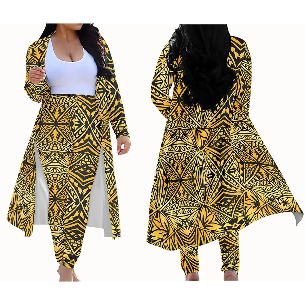 Polynesian Tribal Samoa Retro Brown Fiji Tapa Print Custom Two Piece Comfortable Kimono Suit Women\'s Long Sleeve Cardigan Set