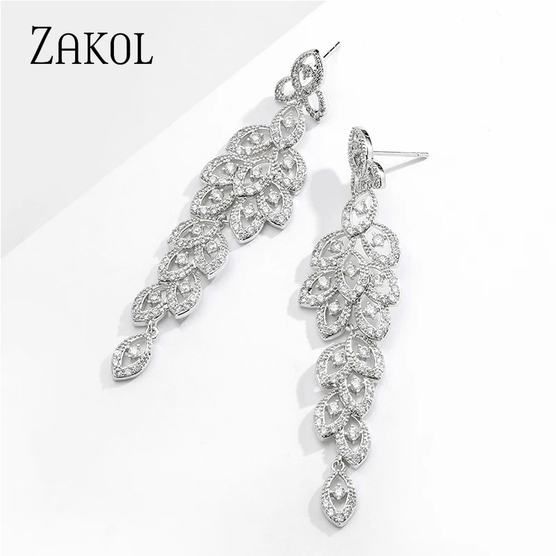 ZAKOL Luxury Cubic Zirconia Long Leaf Shape Dangle Earrings for Women Bride Romantic Bridesmaid Wedding Jewelry