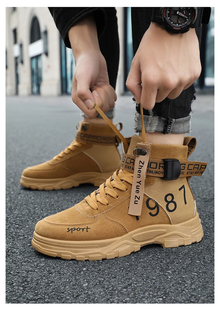 Herren Einfarbige High-Top Modische Vielseitige Outdoor-Wanderschuhe, Bequeme Rutschfeste Freizeitsportstiefel – Detail 9