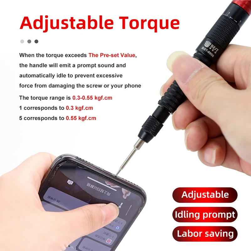 BST-9908 Adjustable Torque Screwdriver Set 1Pcs Anti Slip Handle +5Pcs Replaceable S2 Bits for Repair Various Electronics