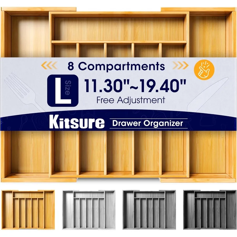 

Kitsure Large Bamboo Silverware Organizer Expandable Drawer Organizer for Utensil Cutlery and Flatware Kitchen Storage Solution