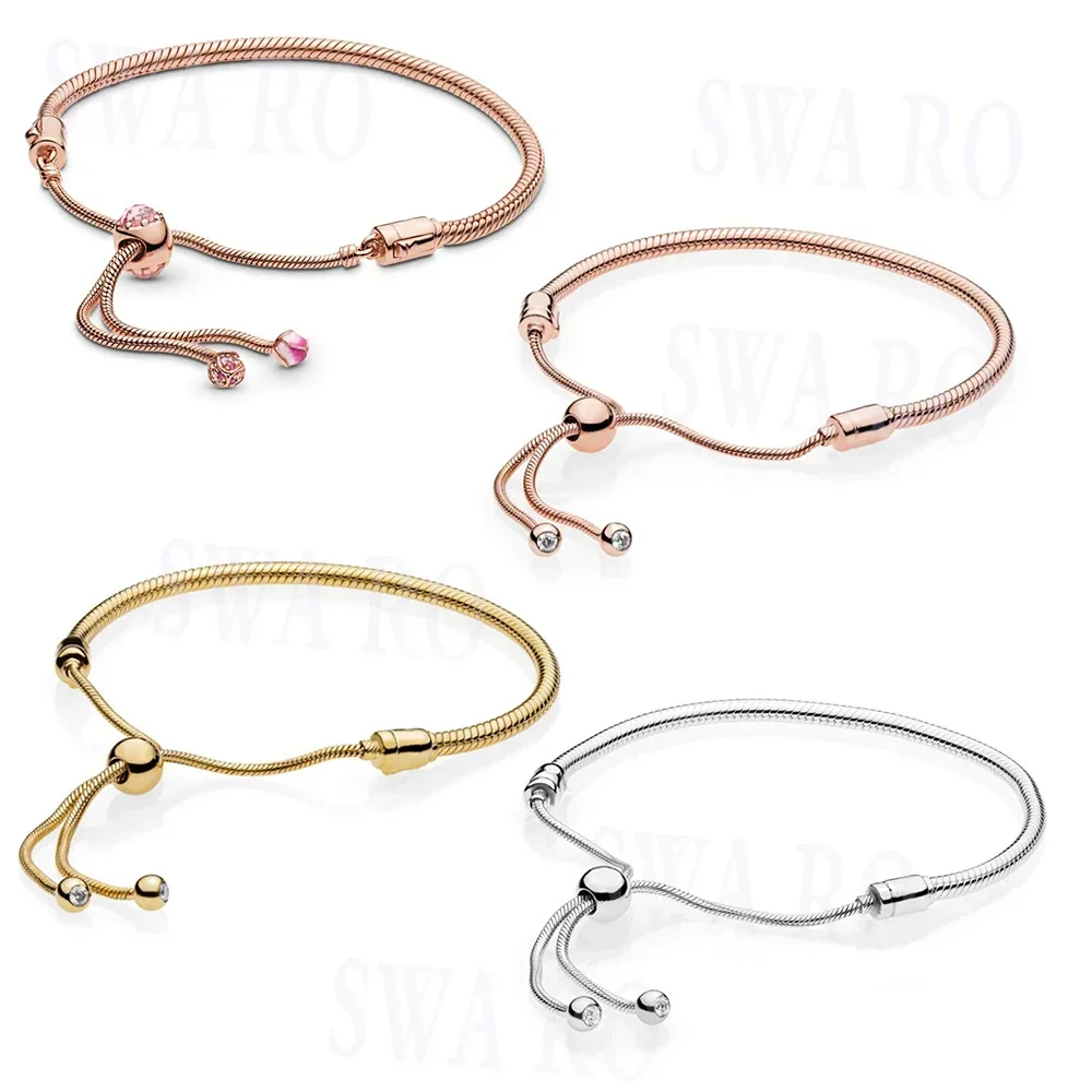 

Fashion 925 Silver Romantic Pink Peach Glamour Gold Rose Sliding Basic Bracelet Suitable for DIY Beaded Original Women Jewellery