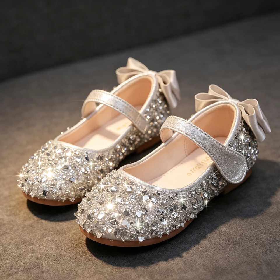 Girls Sparkly Sequin Rhinestone Mary Jane Flats Shoes Fancy Princess Footwear for Wedding Birthday Party Pageant Formal Events