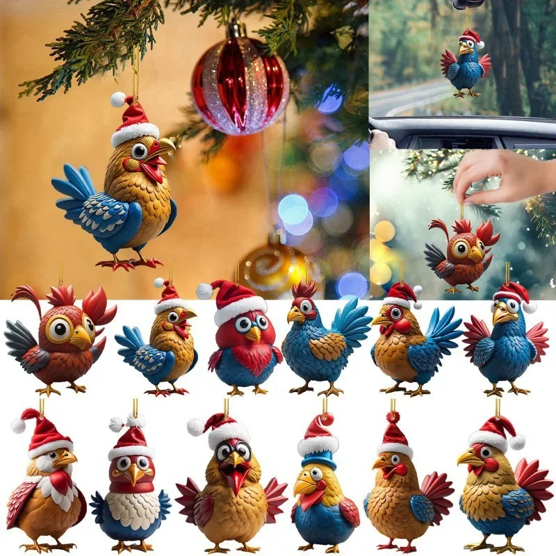 

Creative Animal Chicken Rooster Series Acrylic Pendant Christmas Tree Auto Interior Key Ring Pendant Decoration Christmas Gift