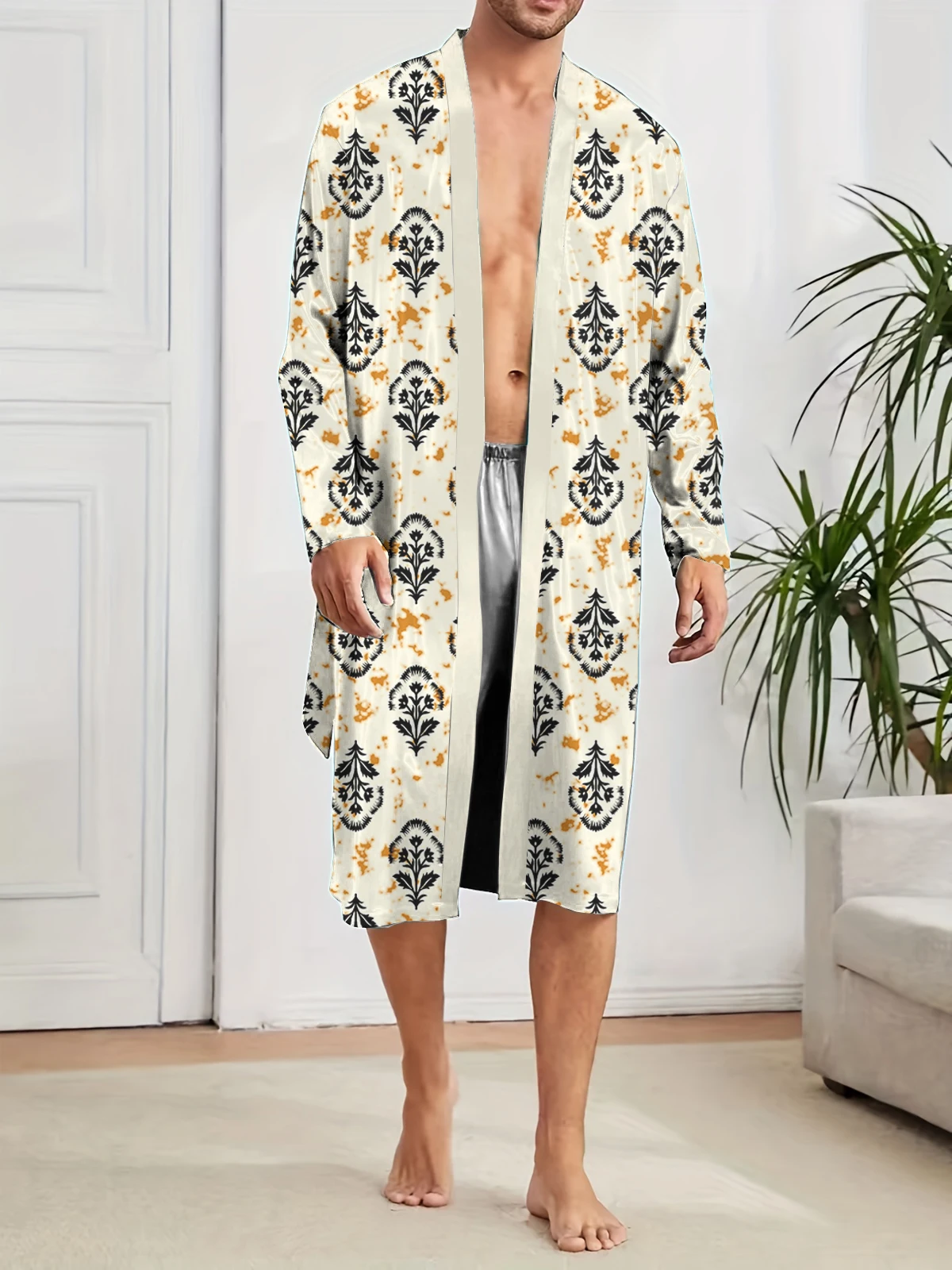 

2025 new men's long nightgown thin quick drying thin skin friendly home sleepwear 3D printed non fading bathrobe