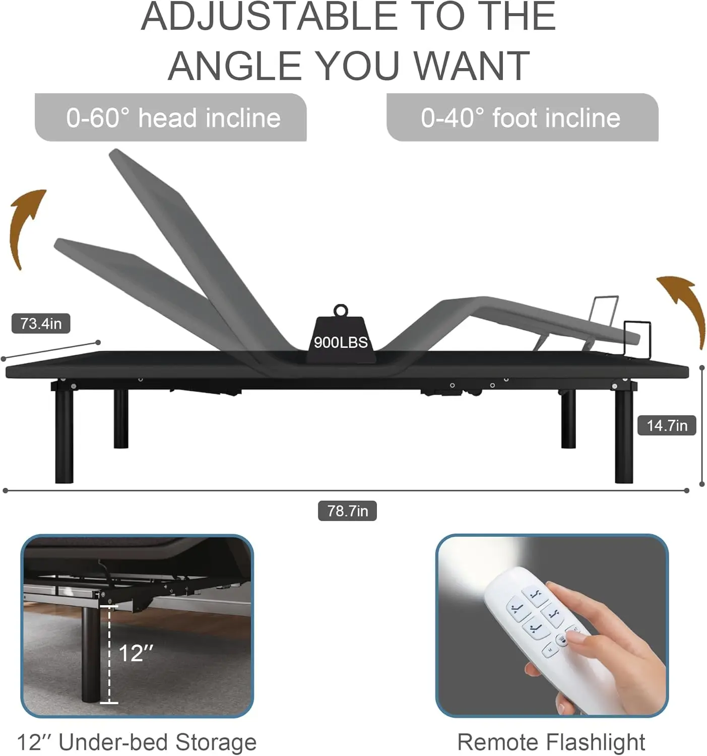 Ergonomic King Size ปรับฐานเตียงรีโมทคอนโทรลไร้สายกระซิบเงียบทนทานมอเตอร์อิสระหัวและเท้าเอียง