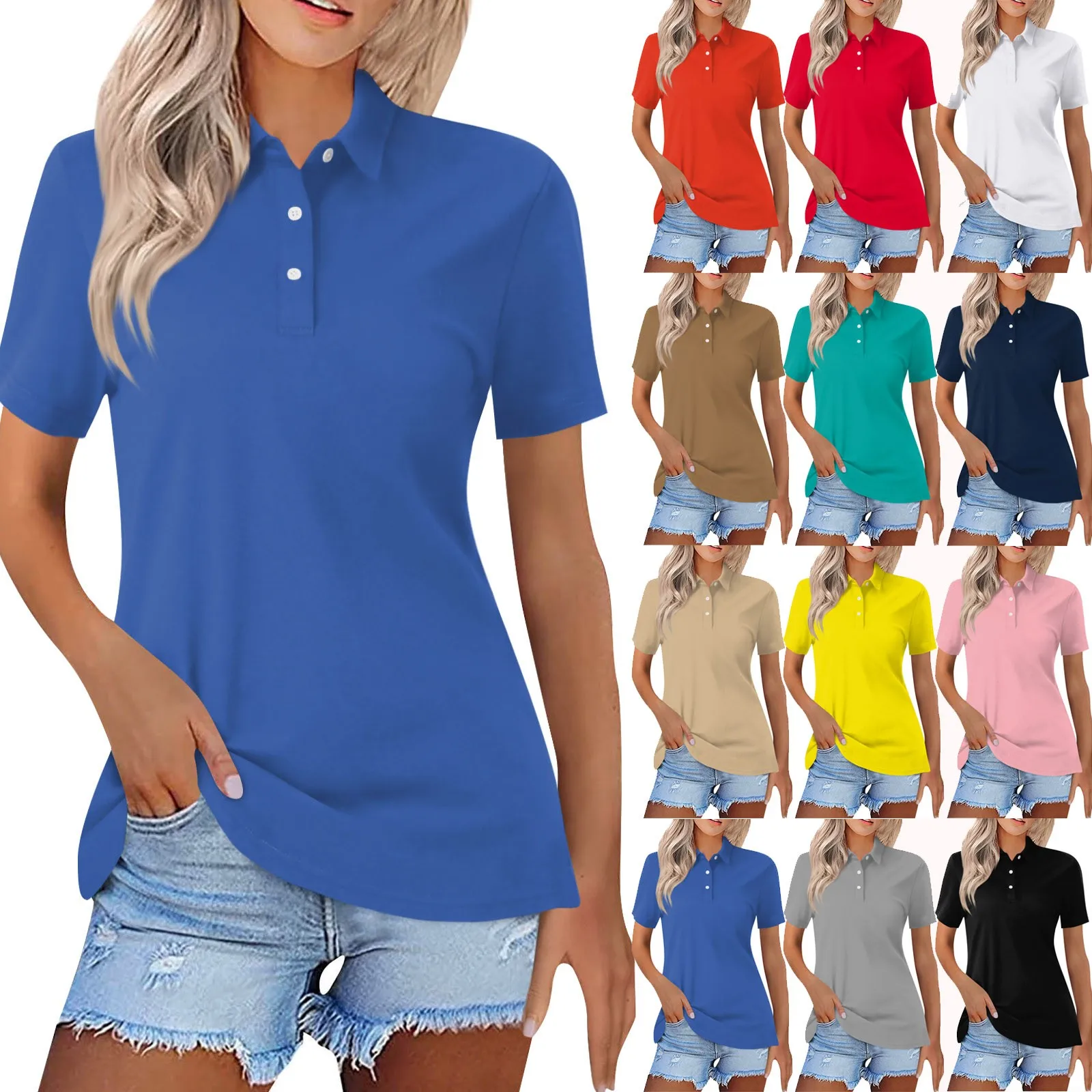 Women's Tops Short Sleeve Polo Shirts Summer Casual Collared Button T-Shirts Vneck Loose Fit Fashion Lapel Solid Color Tunics