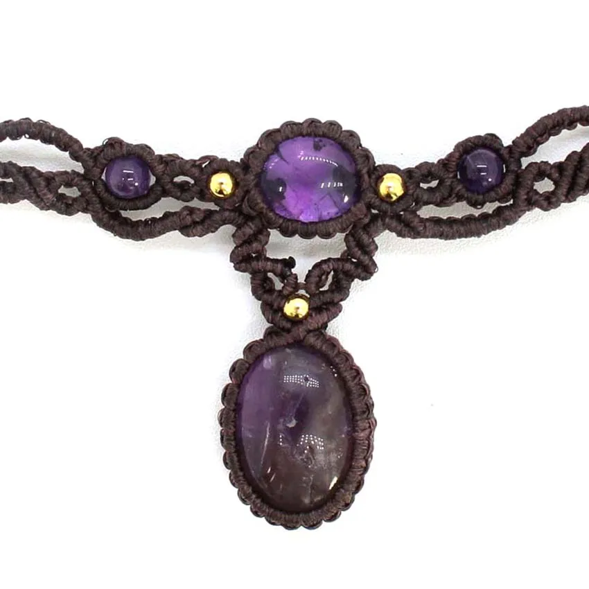 Crystal Braided Macrame Stone Pendant Necklace For Women Natural Amethyst Quartz Handmade Thread Rope Wrapped Weave Chain Collay