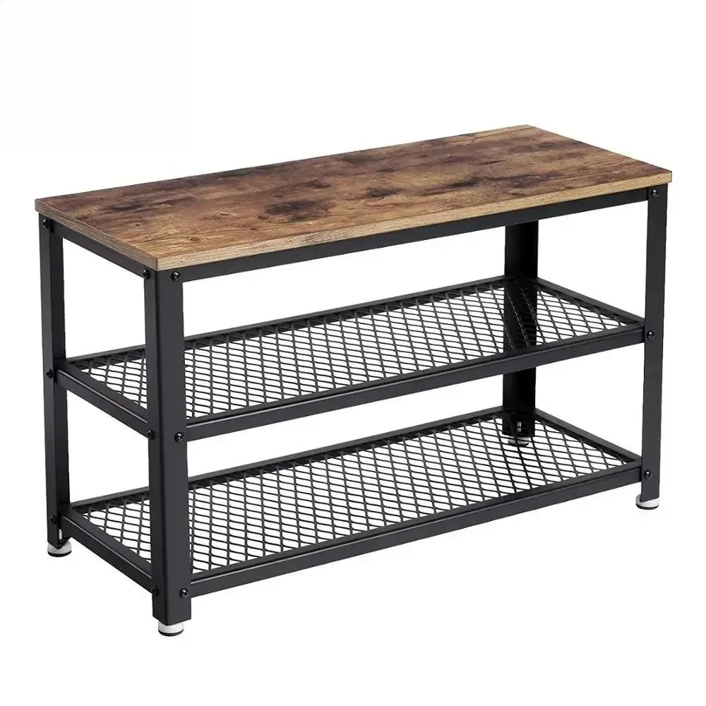 

VASAGLE 3-tier Industrial Storage Shelf with Seat, Rustic Brow Wooden Shelf Metal Frame Shoe Bench Rack for Entryway Living Room