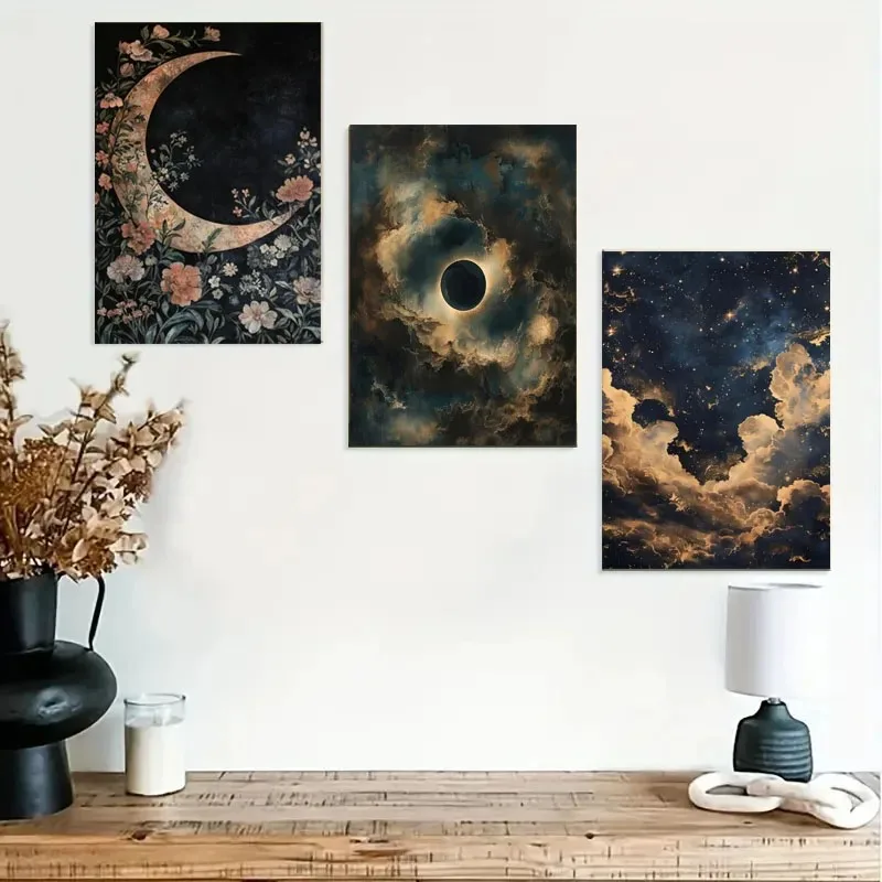 1pc Crescent Moon in Starry Night Sky Folk Art Floral Moon Stars Canvas Print Eclectic Decor Vintage Nature Wall Art Moody Decor