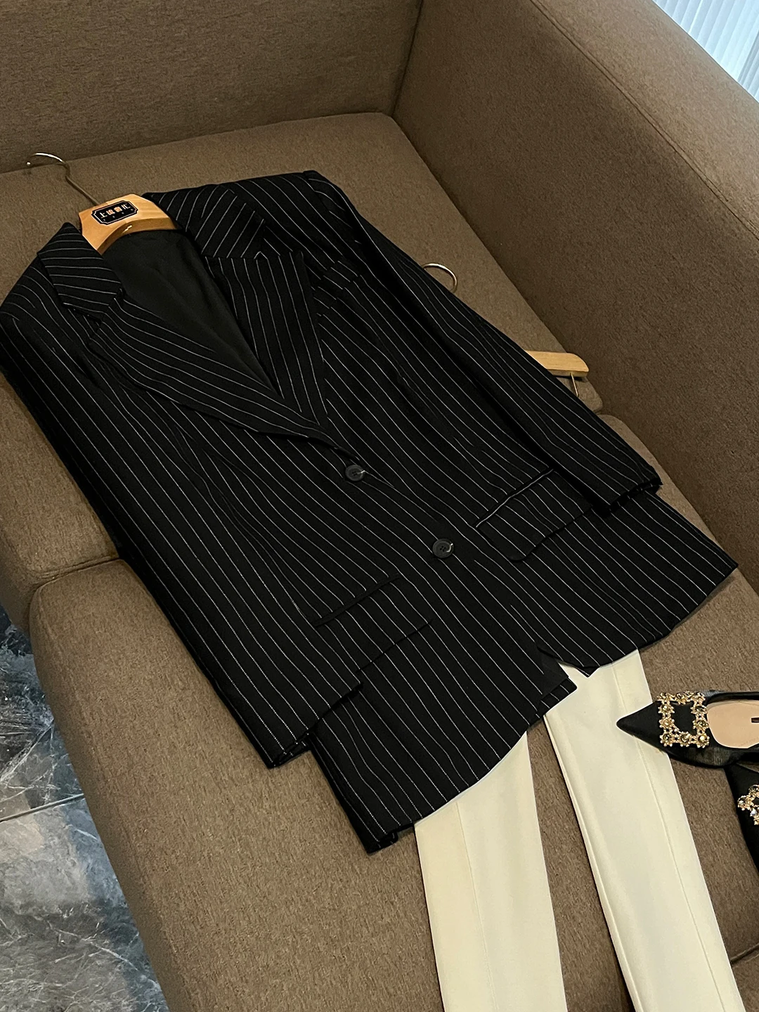 

Briti Sle, свободный крой, полосатый костюм средней длины с широкими плечами, Jaet Ele Ladylike, пальто с плоским воротником для спецодежды X689