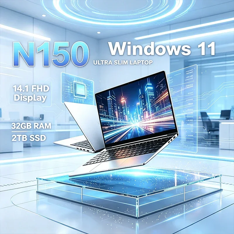 14.1 Inch 120Hz FHD IPS Display Laptop Intel Core N150 32GB RAM 2TB SSD Backlit Keyboard Long Endurance Battery for Gaming