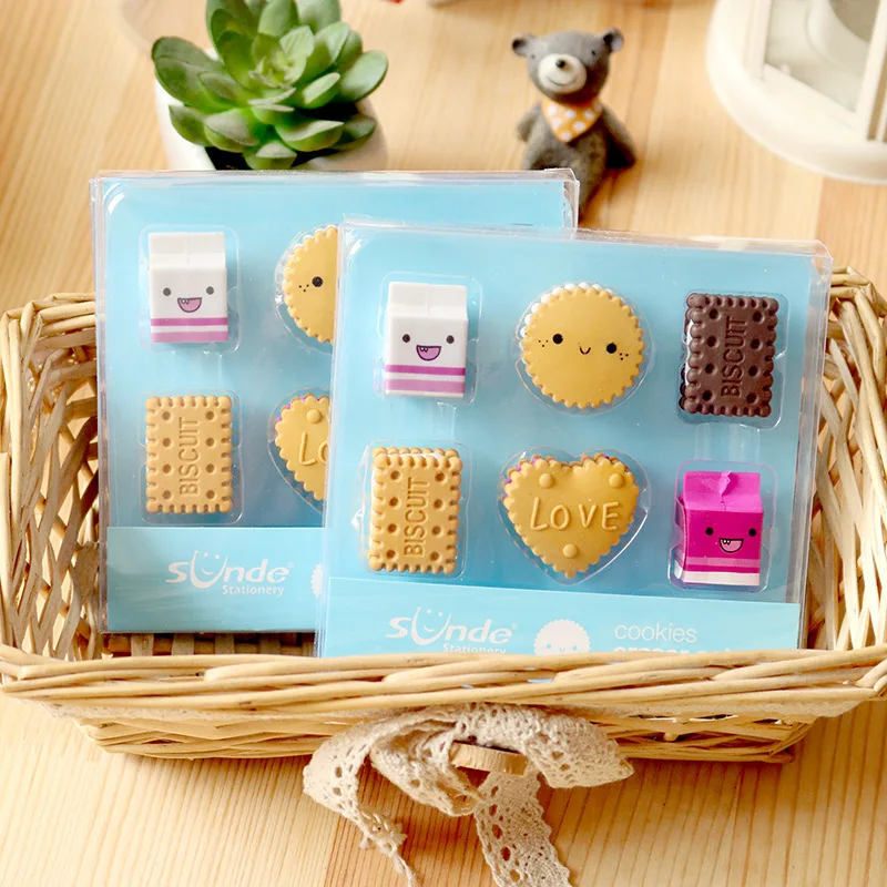 6pcs/pack NEW Kawaii Cartoon Boxed Milk Biscuit Eraser Cute Stationery School Girl Student Supplies Party Material