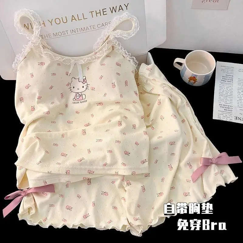 Пижамный комплект Sanrio Hello Kitty Kawaii Пижамный комплект из 2 предметов Домашняя одежда Шорты на слинге Кружева Милая летняя нагрудная подушка Жилет Домашняя одежда