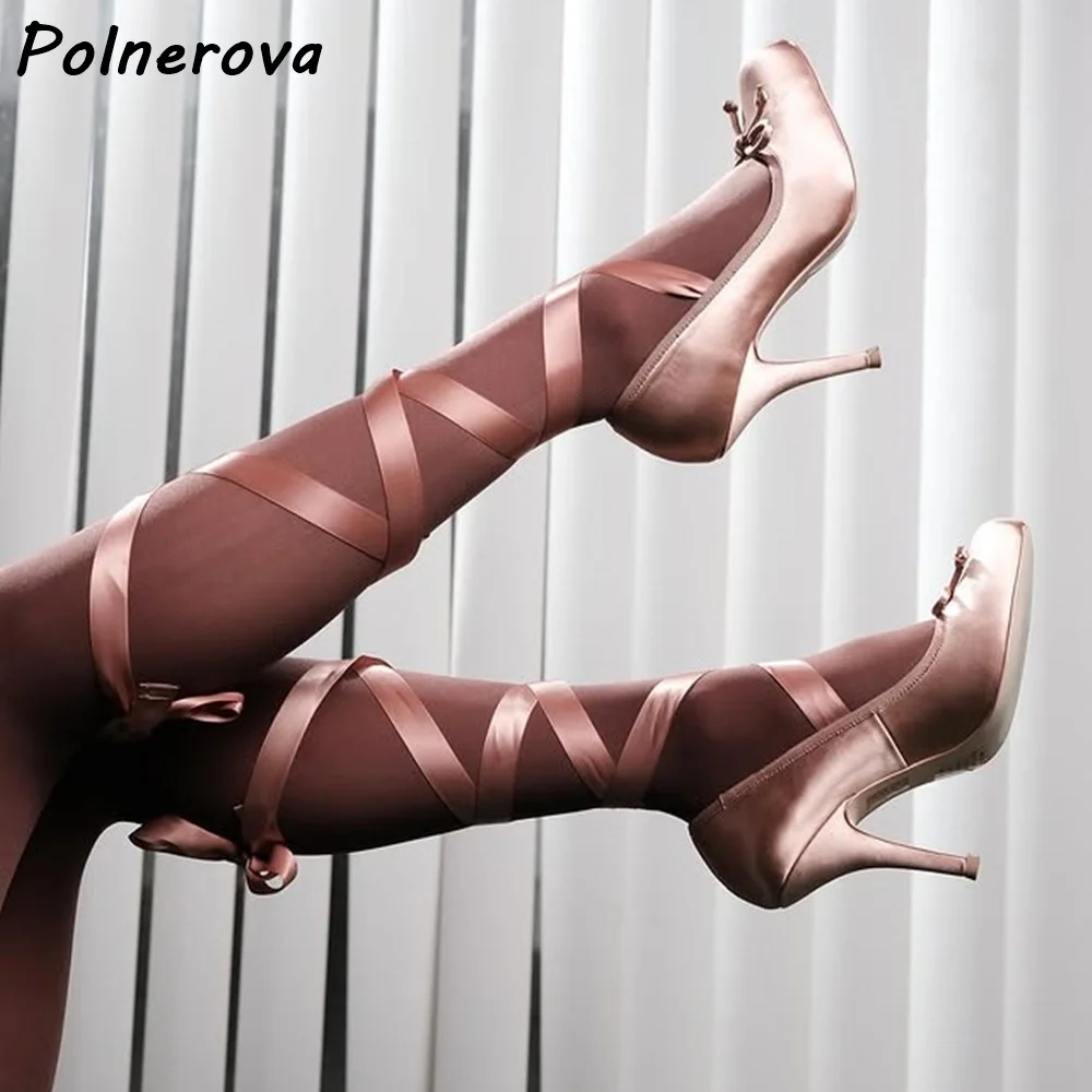 Solid Cross Tied Ballet Pumps Square Toe Thin Heels Stain Slingback Lace Up Elegant Summer Shoes Women's Lovely Stiletto Shoes