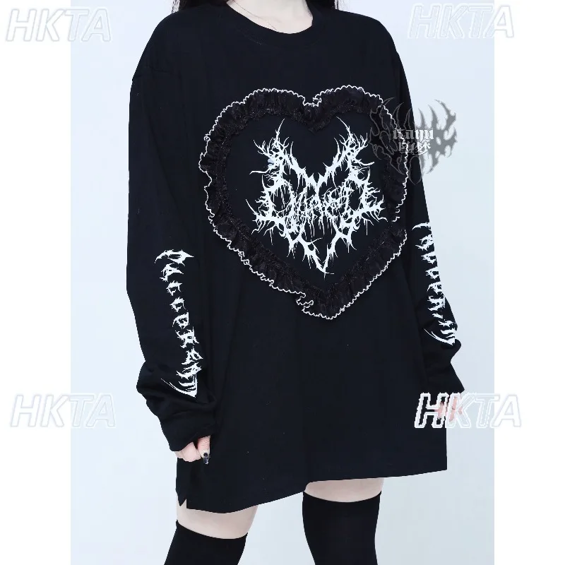 Dark Punk 2026 Autumn New Love Letter Print Pleated Long Sleeve Tshirt Subculture Y2k Gothic Loose Long Top Black T Shirt Women