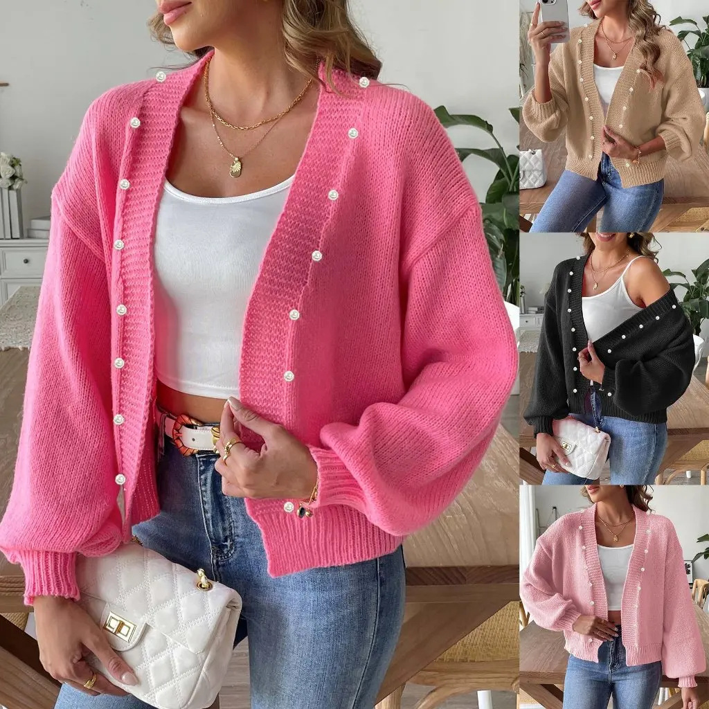 

Women's Short Pearl Beaded Cardigan Casual Loose Sweater Jacket Machine-Knitted Style Autumn Winter New