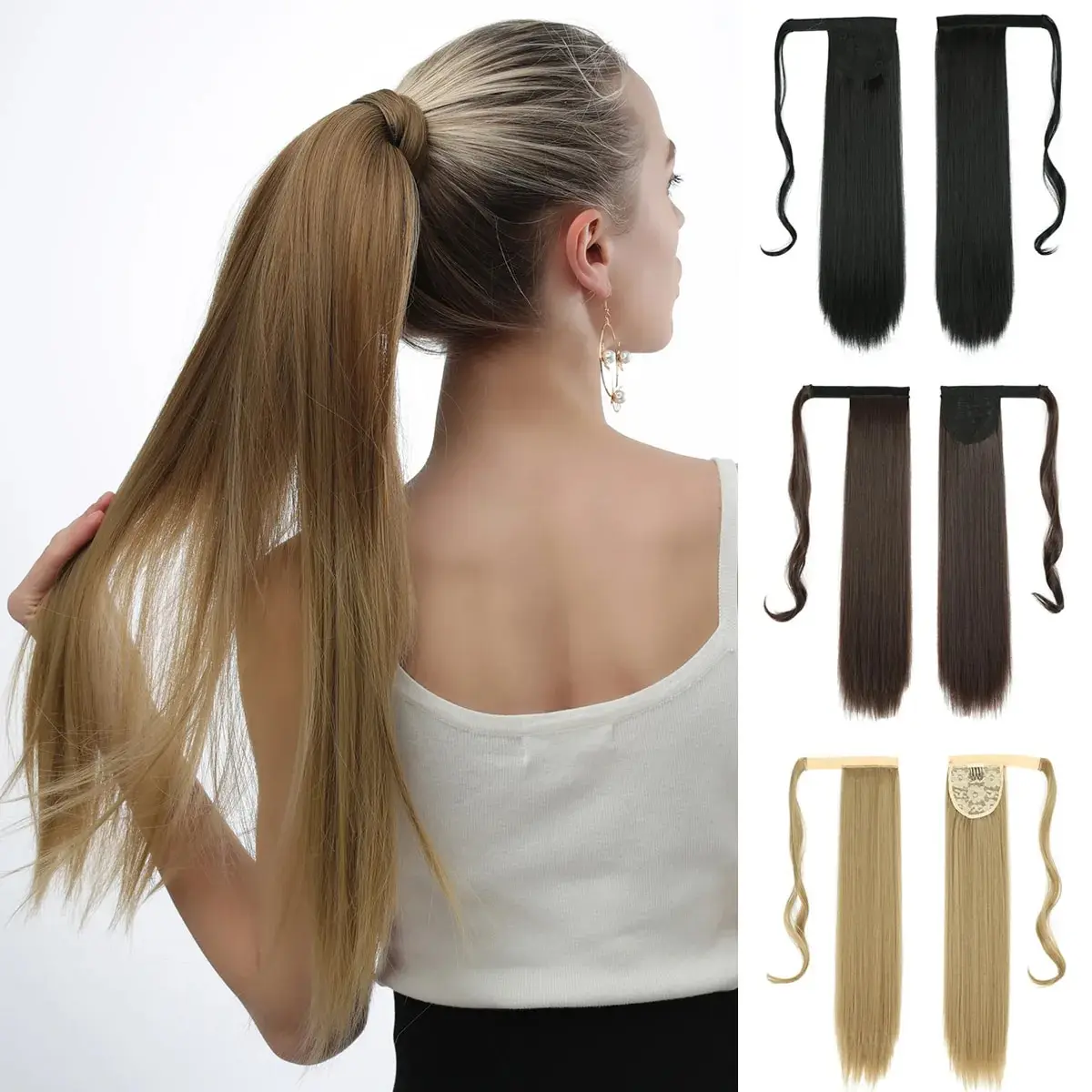 22Inch Straight Ponytail Hair Synthetic Extensions Heat Resistant Hair Wrap Around Pony Hairpiece for Women Daily Use