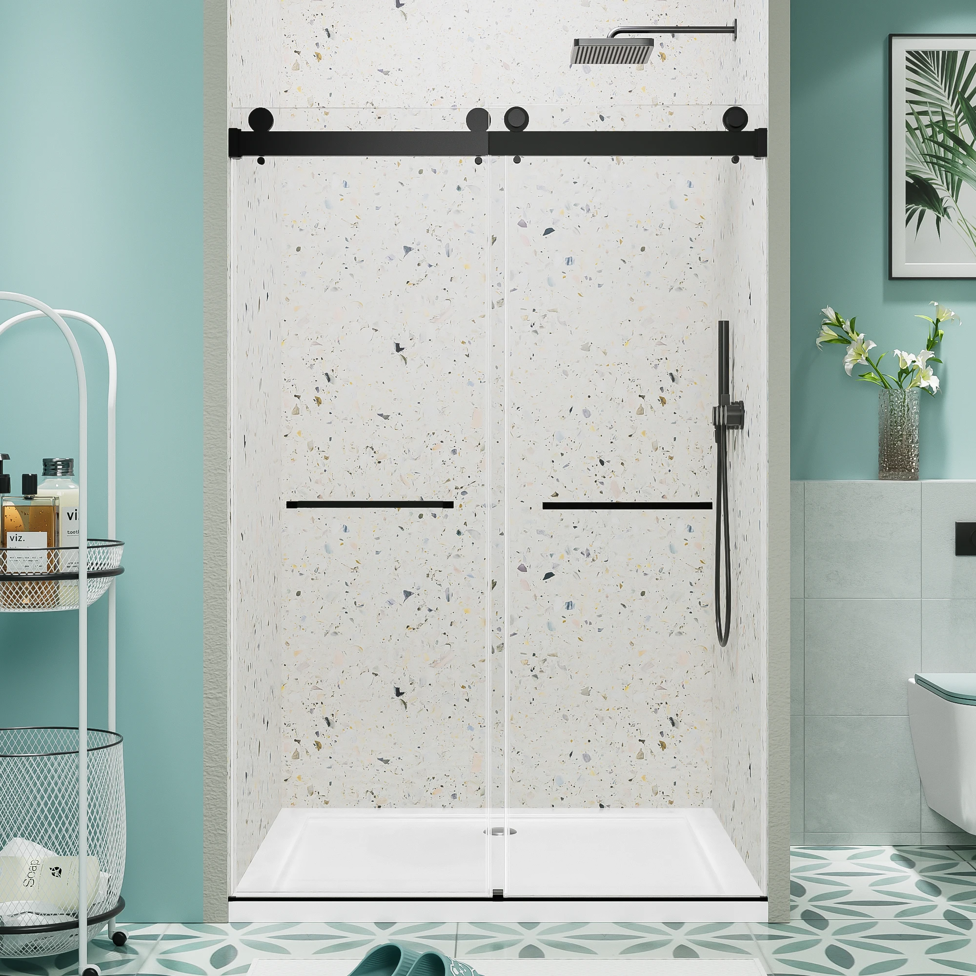

60" W x 76" H Frameless Double Sliding Shower Door, 5/16" Tempered Glass with Nano Coating, Matte Black Stainless Steel Hardware, ANSI/SGCC Certified